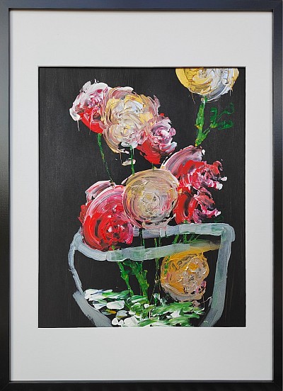 abstract painting of a vase of roses. a collaboration between Peter Jackson and Grace Rigby