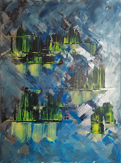 abstract painting suggesting a forested mountain