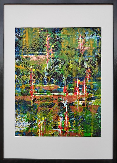 abstract painting suggestin a water garden with decorated punts