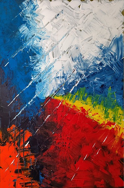 abstract painting in red, blue and white