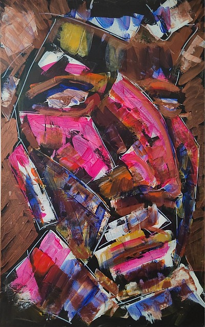 Abstracted face in pink, blue abd copper