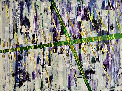 Violet and white abstract with green cross