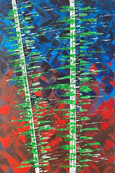 Red and blue abstract with green highlights