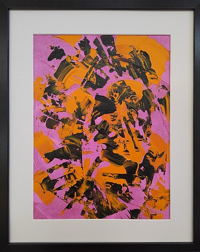 Abstract, pink background with black and yellow suggesting a face