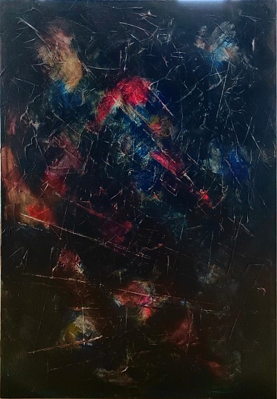 Abtract painting in black with flases of red, blue and ochre
