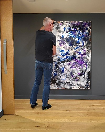 Indigo dance painting depicting scale compared to a person