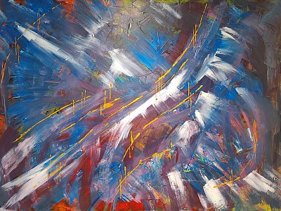 Abstract painting, red, blue and white themed time
