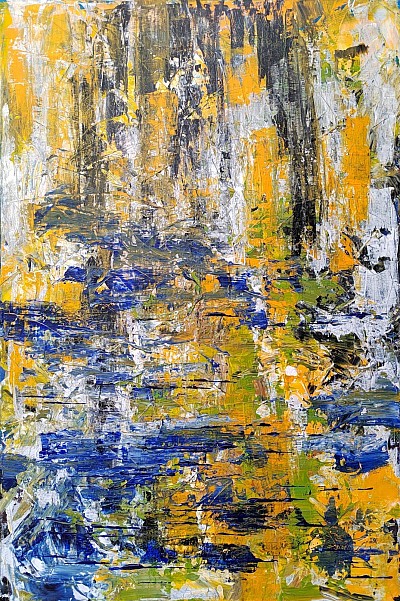 Abstract painting in yellow green and blue representing a city waterfront