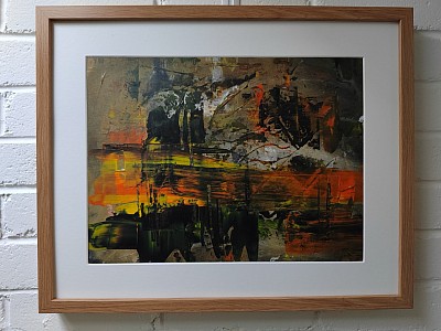 Abstract of yellows, oranges and black, suggesting landscape sunrise